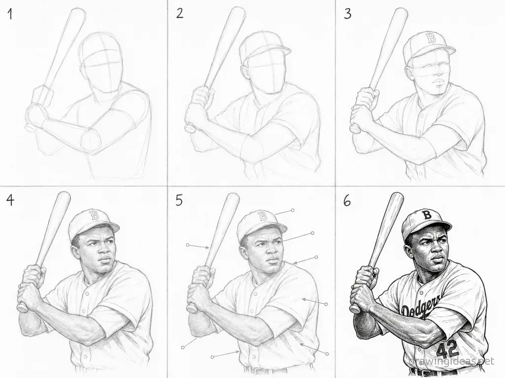 How to draw Jackie Robinson step by step — 6-step Jackie Robinson drawing tutorial grid