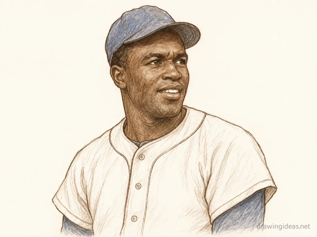 Jackie Robinson drawing — hand-drawn Jackie Robinson illustration with ink lines and soft colors