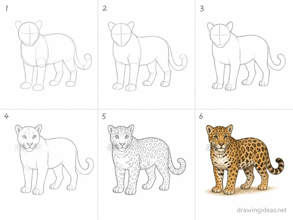 How to draw a jaguar step by step — 6-step jaguar drawing tutorial grid