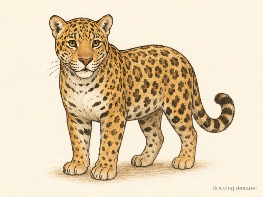 Jaguar drawing — hand-drawn jaguar illustration with ink lines and soft colors