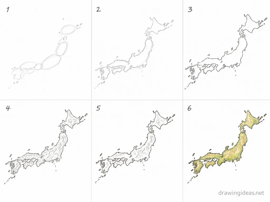 How to draw Japan step by step — 6-step Japan drawing tutorial grid