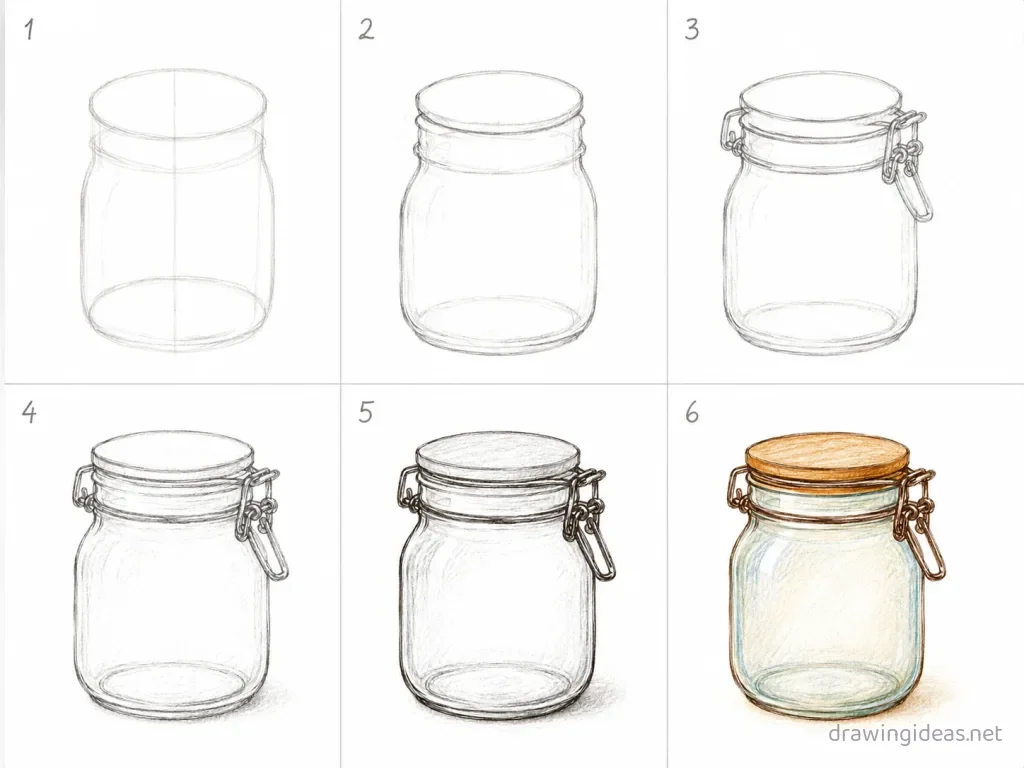 How to draw a jar step by step — 6-step jar drawing tutorial grid