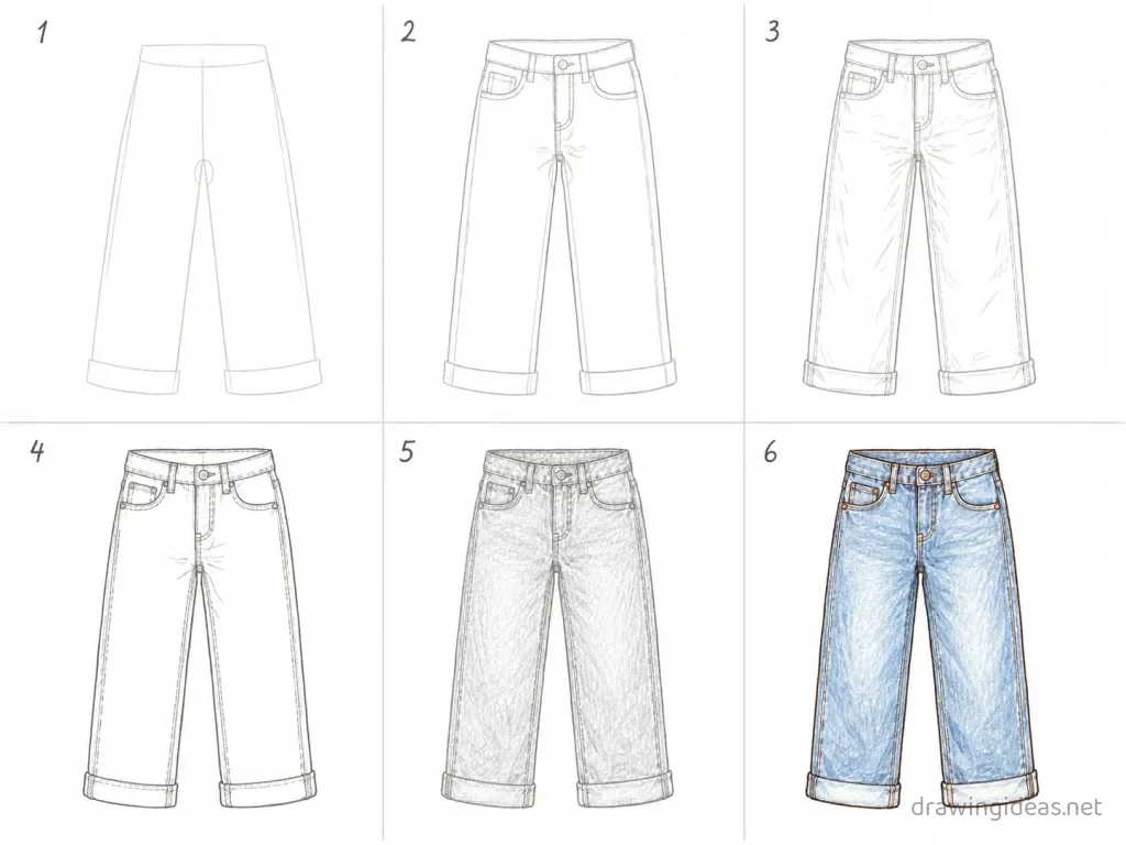 How to draw jeans step by step — 6-step jeans drawing tutorial grid