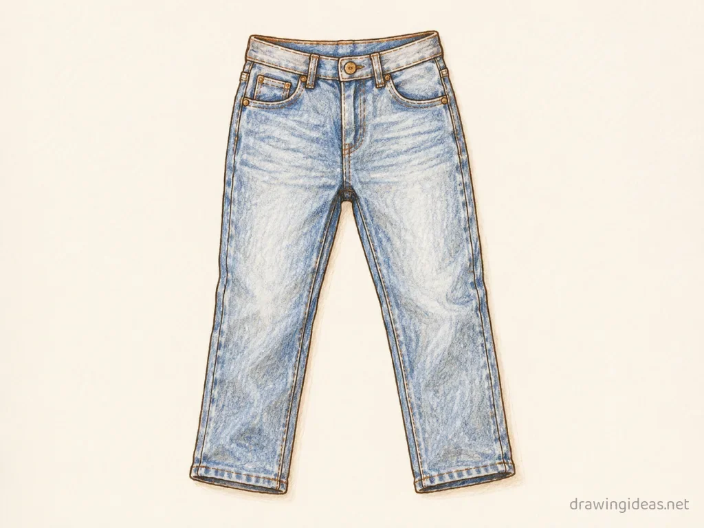 Jeans drawing — hand-drawn jeans illustration with ink lines and soft colors