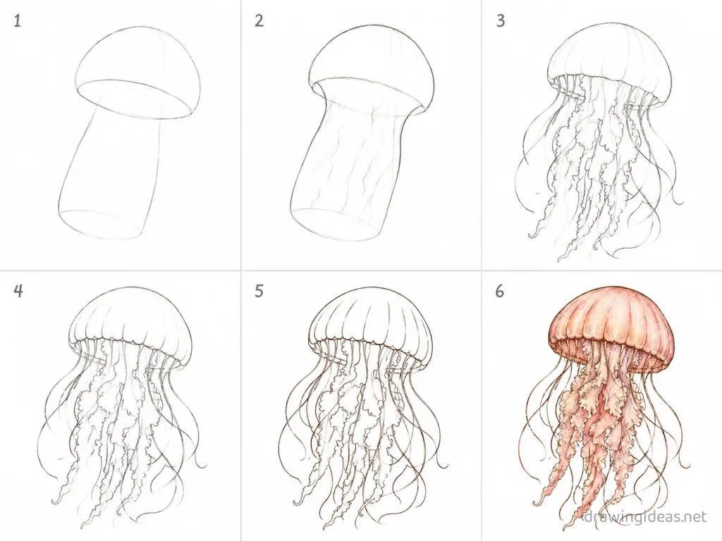 How to draw a jellyfish step by step — 6-step jellyfish drawing tutorial grid