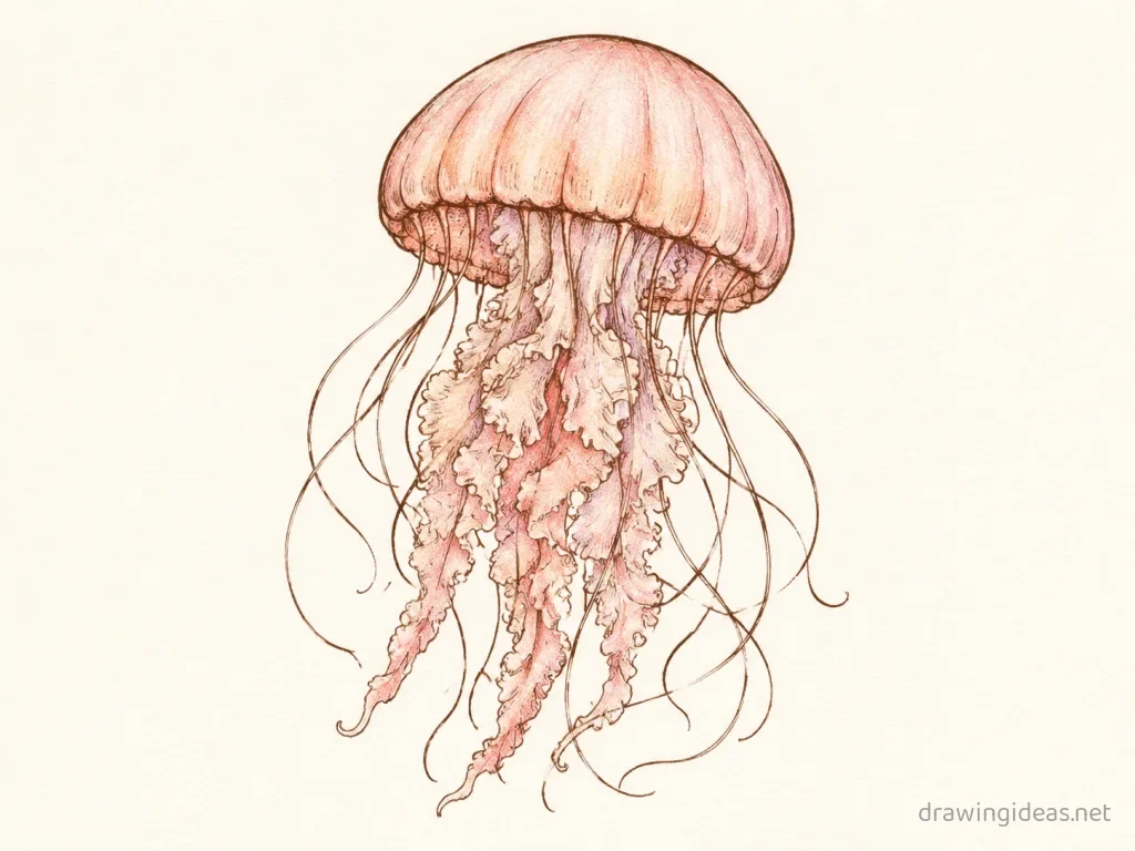Jellyfish drawing — hand-drawn jellyfish illustration with ink lines and soft colors