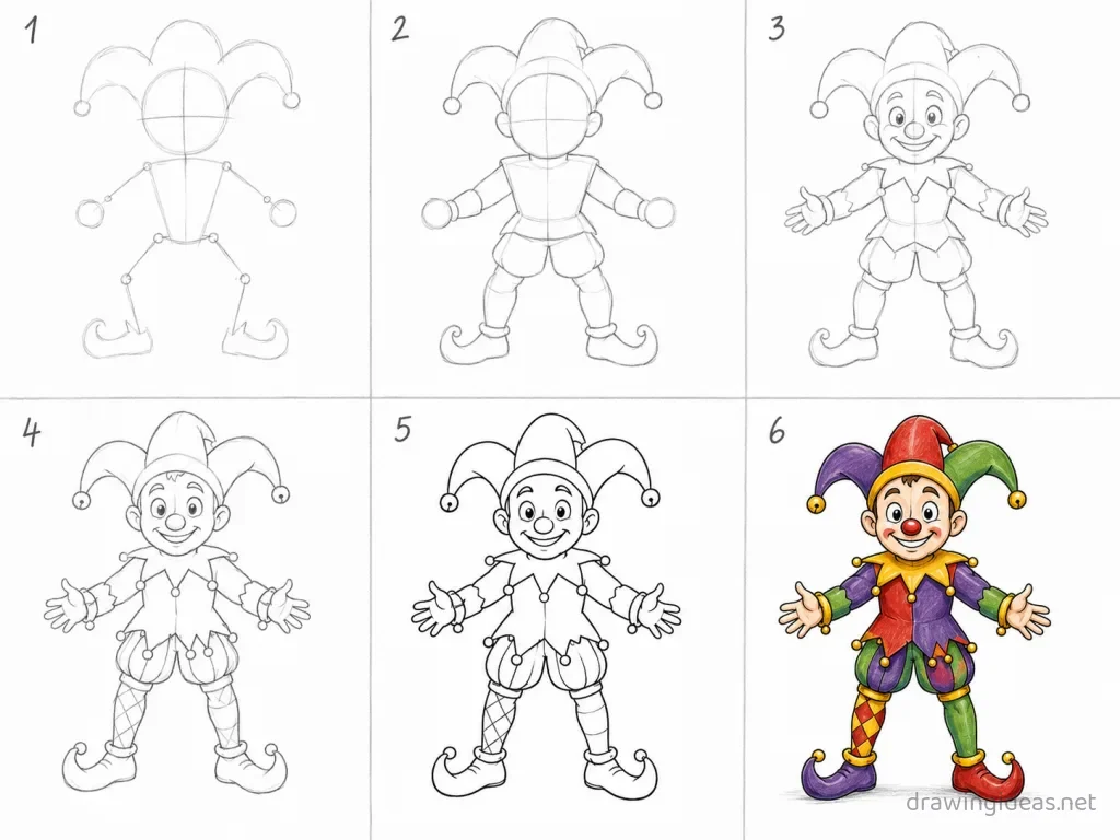 How to draw a jester step by step — 6-step jester drawing tutorial grid