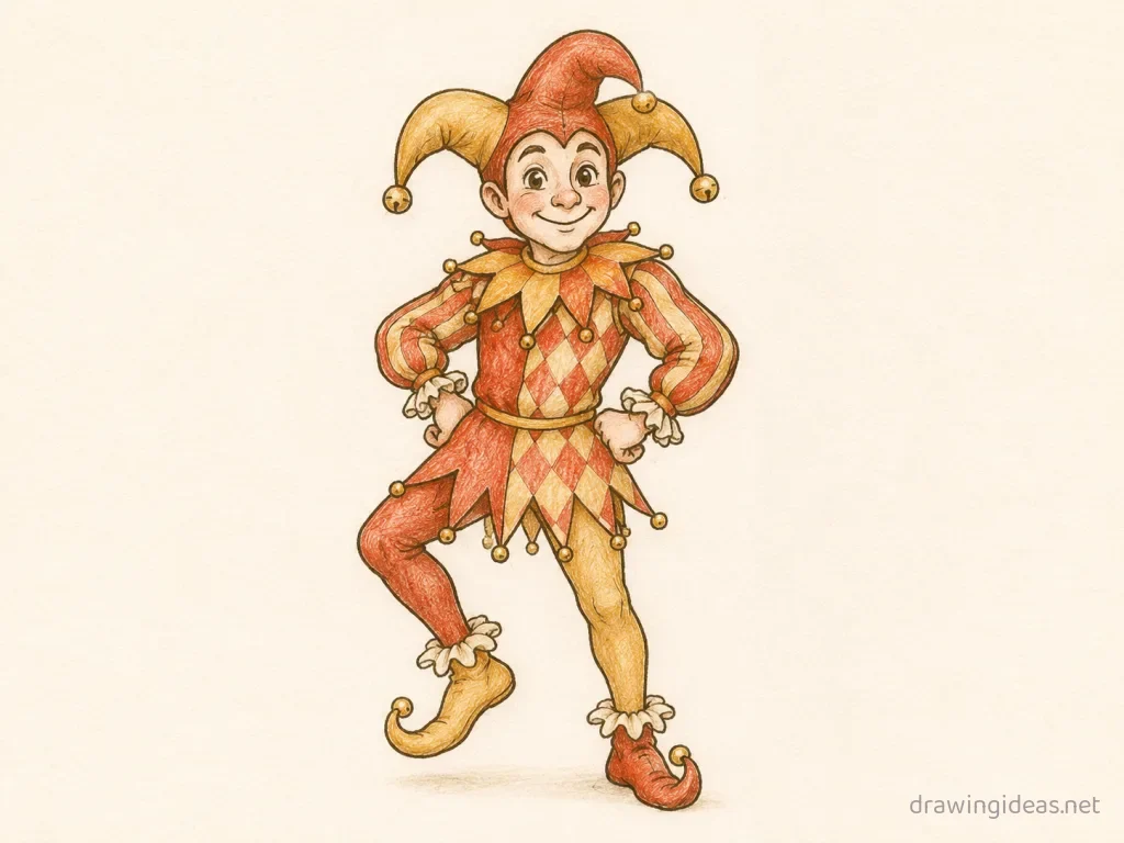 Jester drawing — hand-drawn jester illustration with ink lines and soft colors