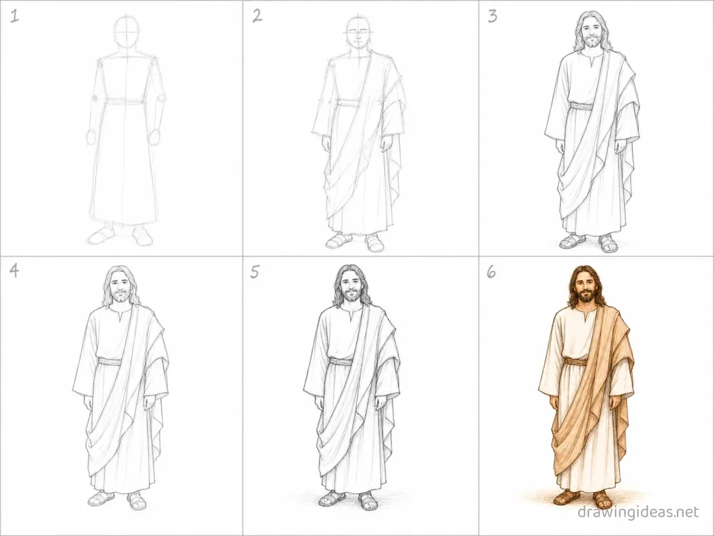 How to draw Jesus step by step — 6-step Jesus drawing tutorial grid