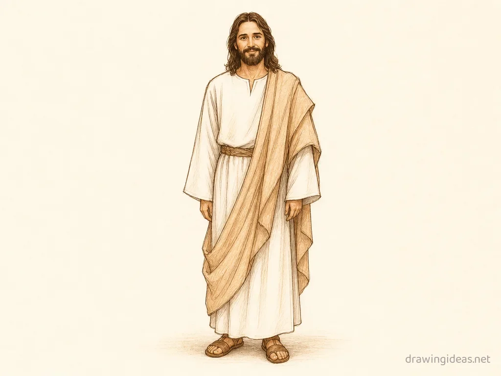 Jesus drawing — hand-drawn Jesus illustration with ink lines and soft colors