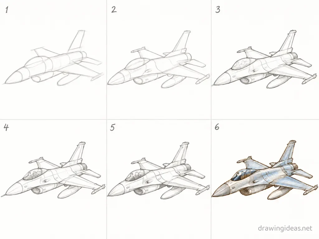 How to draw a jet step by step — 6-step jet drawing tutorial grid