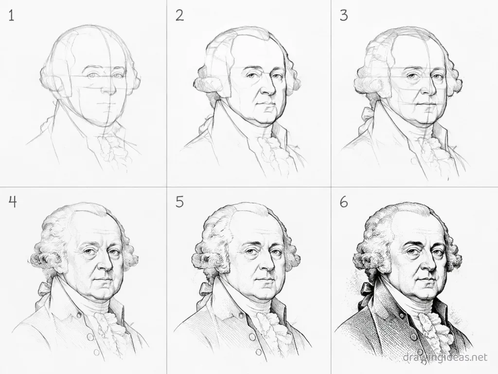 How to draw John Adams step by step — 6-step John Adams drawing tutorial grid