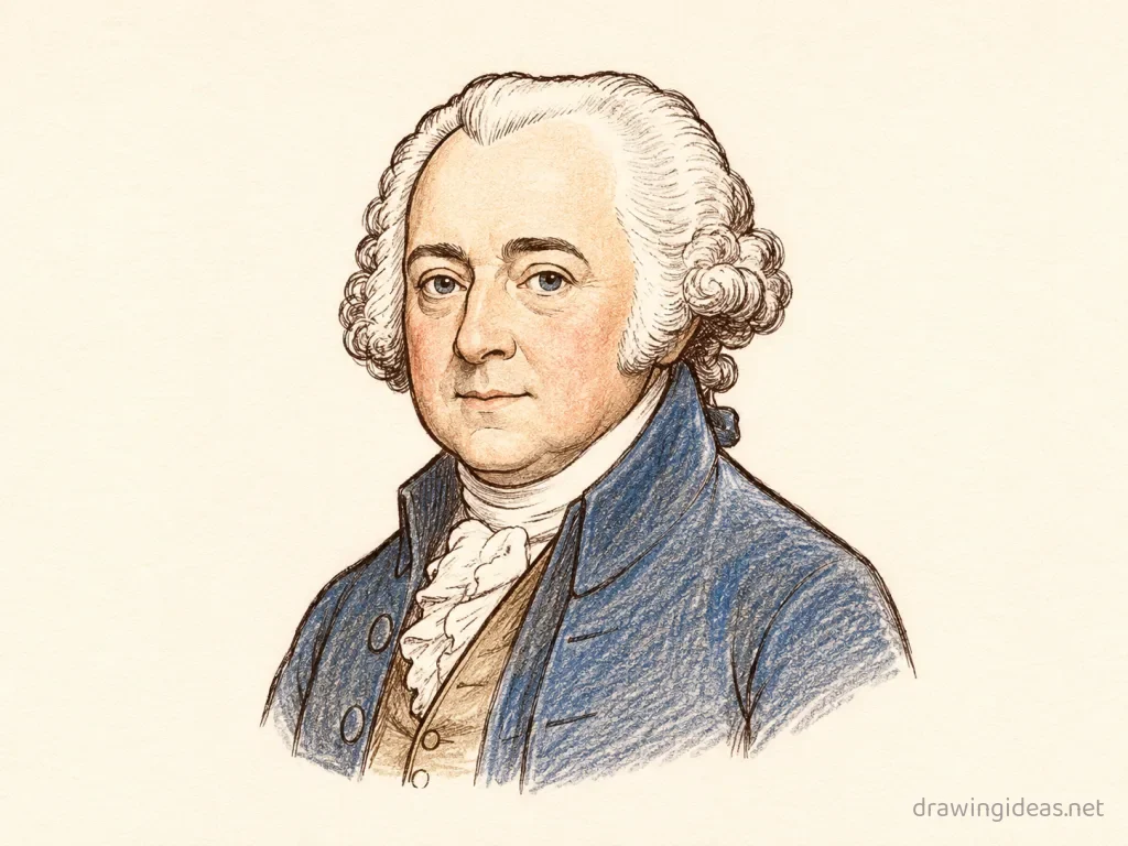 John Adams drawing — hand-drawn John Adams illustration with ink lines and soft colors