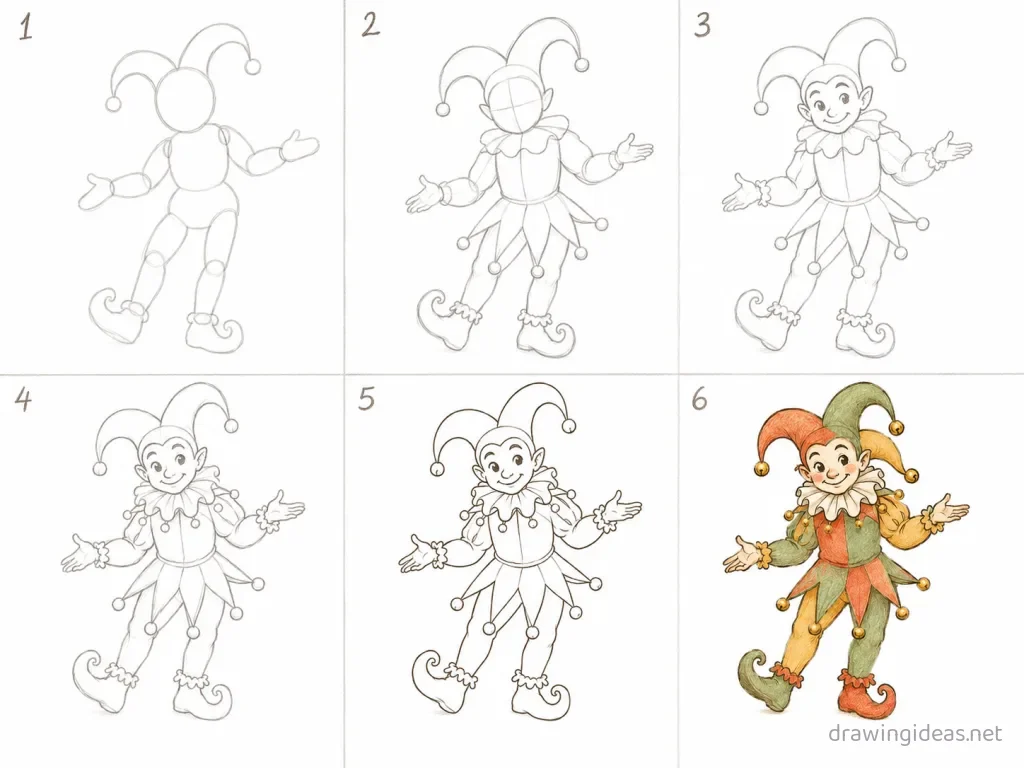 How to draw the Joker step by step — 6-step Joker drawing tutorial grid