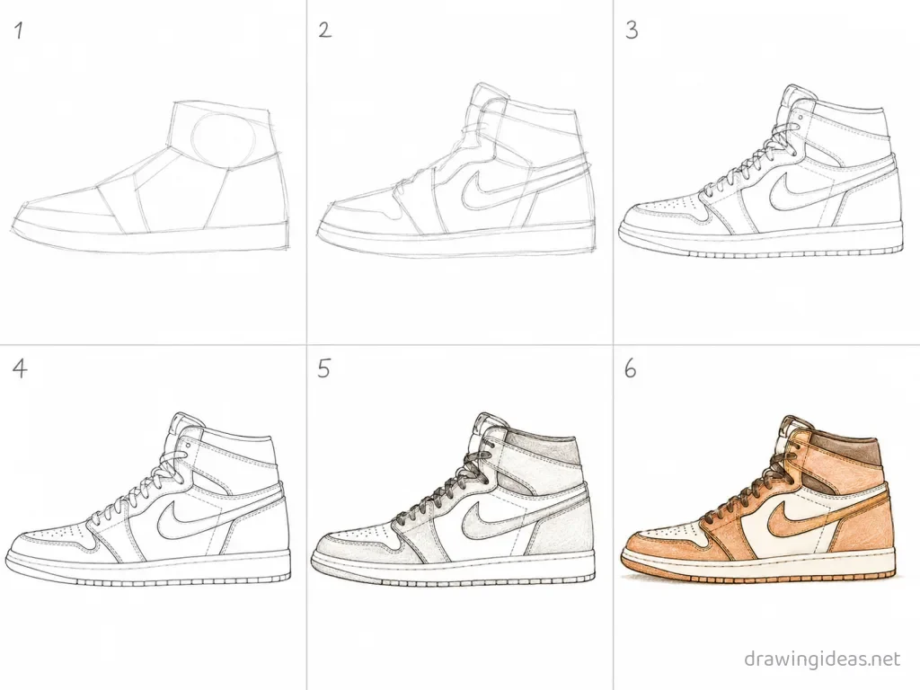 How to draw a jordan 1 step by step — 6-step jordan 1 drawing tutorial grid