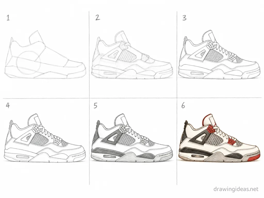 How to draw a jordan 4 step by step — 6-step jordan 4 drawing tutorial grid