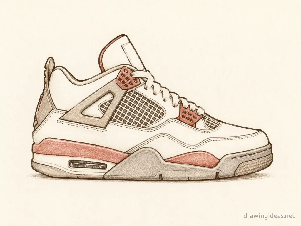 Jordan 4 drawing — hand-drawn jordan 4 illustration with ink lines and soft colors