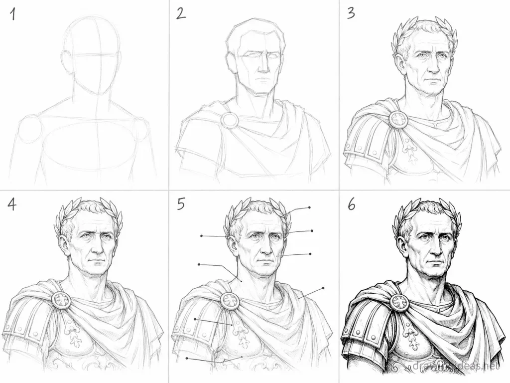 How to draw Julius Caesar step by step — 6-step Julius Caesar drawing tutorial grid