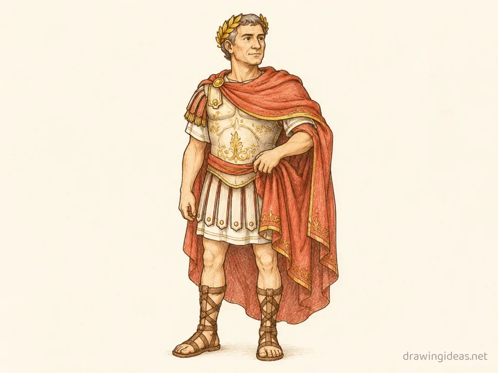 Julius Caesar drawing — hand-drawn Julius Caesar illustration with ink lines and soft colors