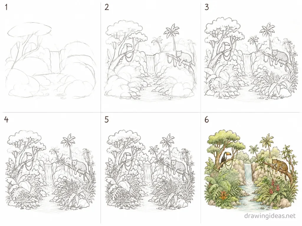 How to draw a jungle step by step — 6-step jungle drawing tutorial grid