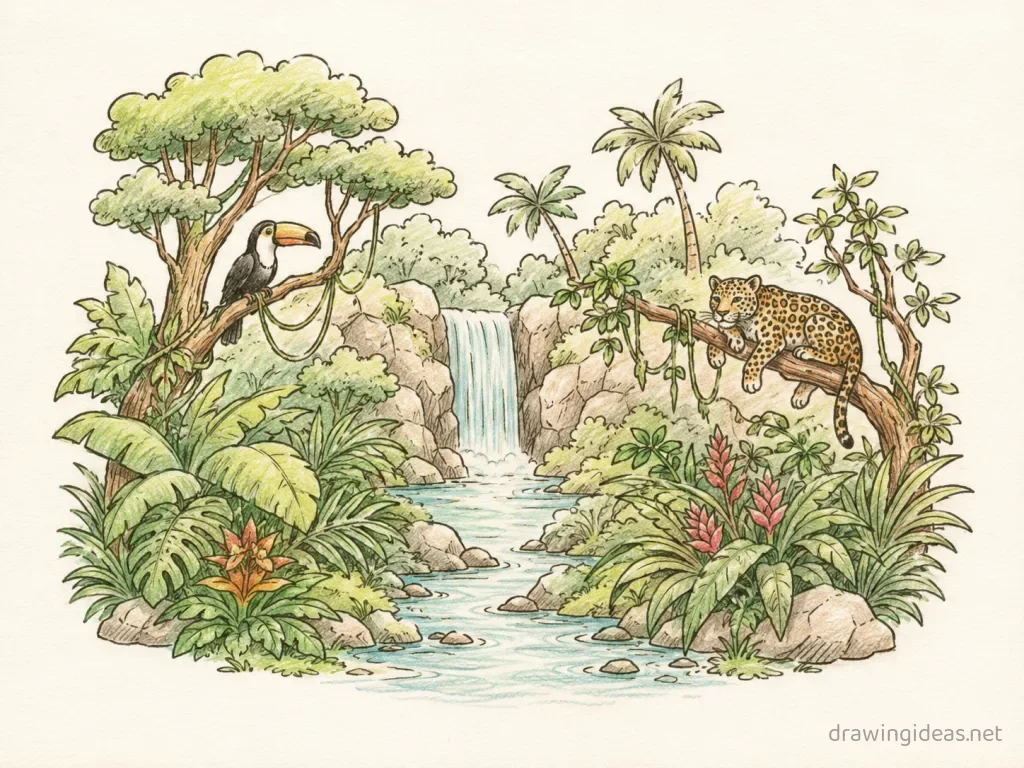 Jungle drawing — hand-drawn jungle illustration with ink lines and soft colors