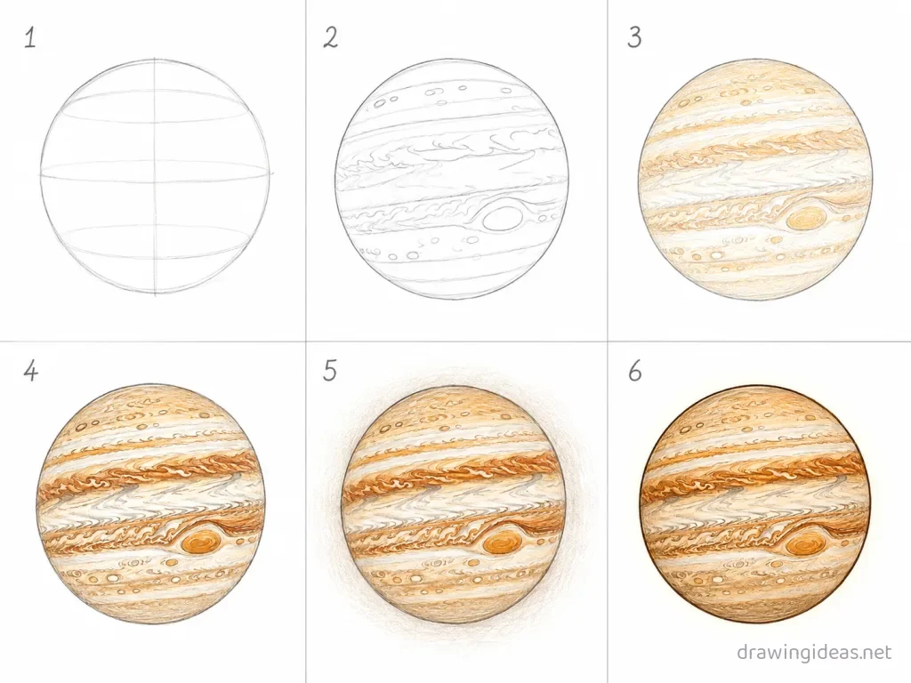 How to draw a jupiter step by step — 6-step jupiter drawing tutorial grid