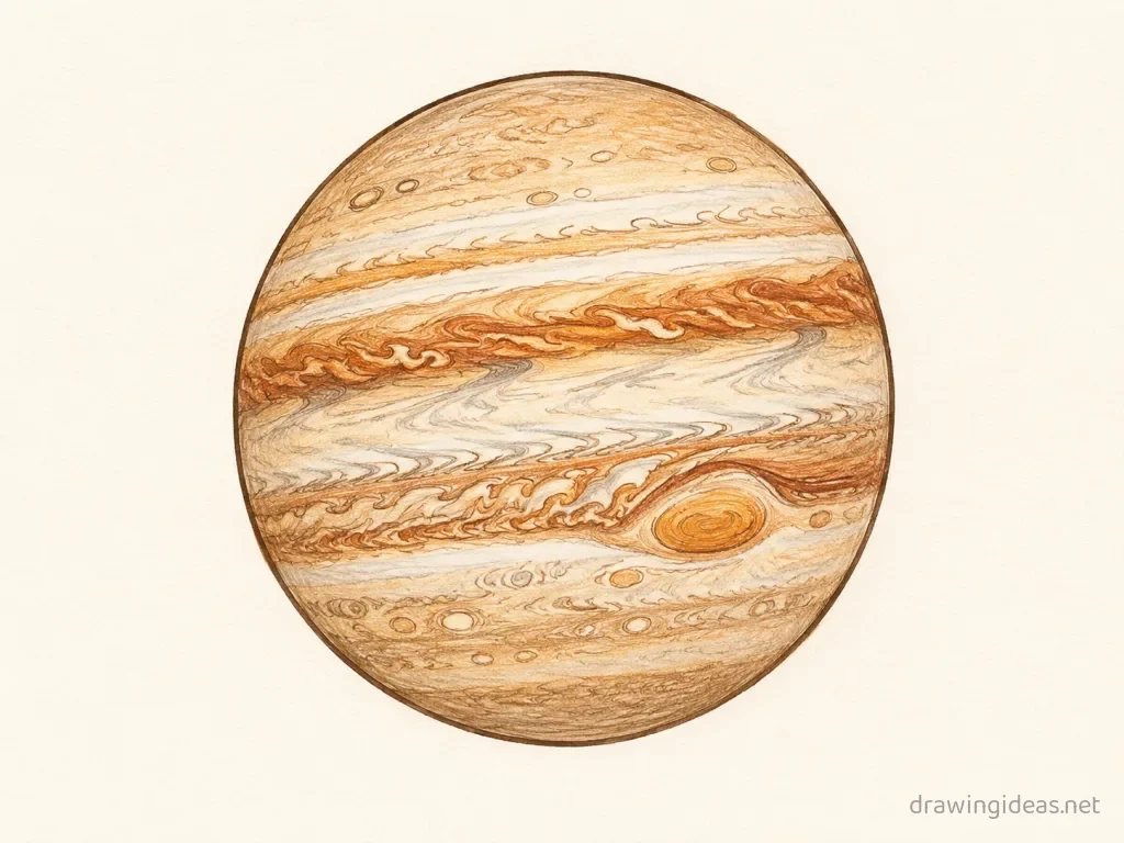 Jupiter drawing — hand-drawn jupiter illustration with ink lines and soft colors