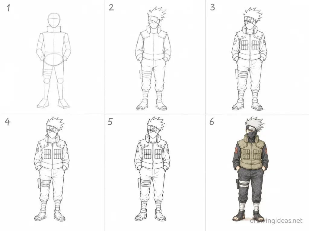 How to draw Kakashi step by step — 6-step Kakashi drawing tutorial grid
