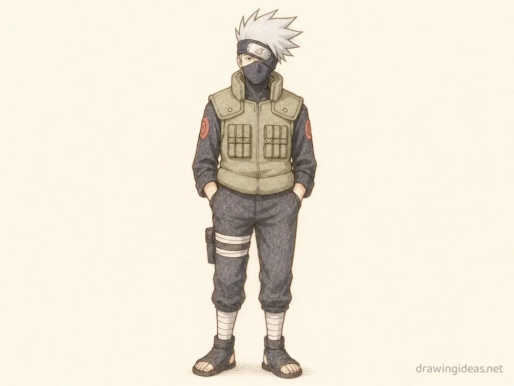 Kakashi drawing — hand-drawn Kakashi illustration with ink lines and soft colors