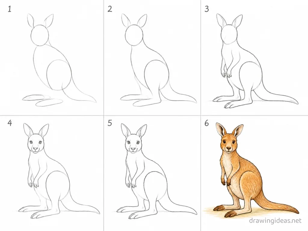 How to draw a kangaroo step by step — 6-step kangaroo drawing tutorial grid