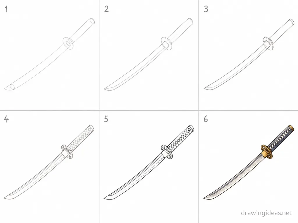 How to draw a katana step by step — 6-step katana drawing tutorial grid