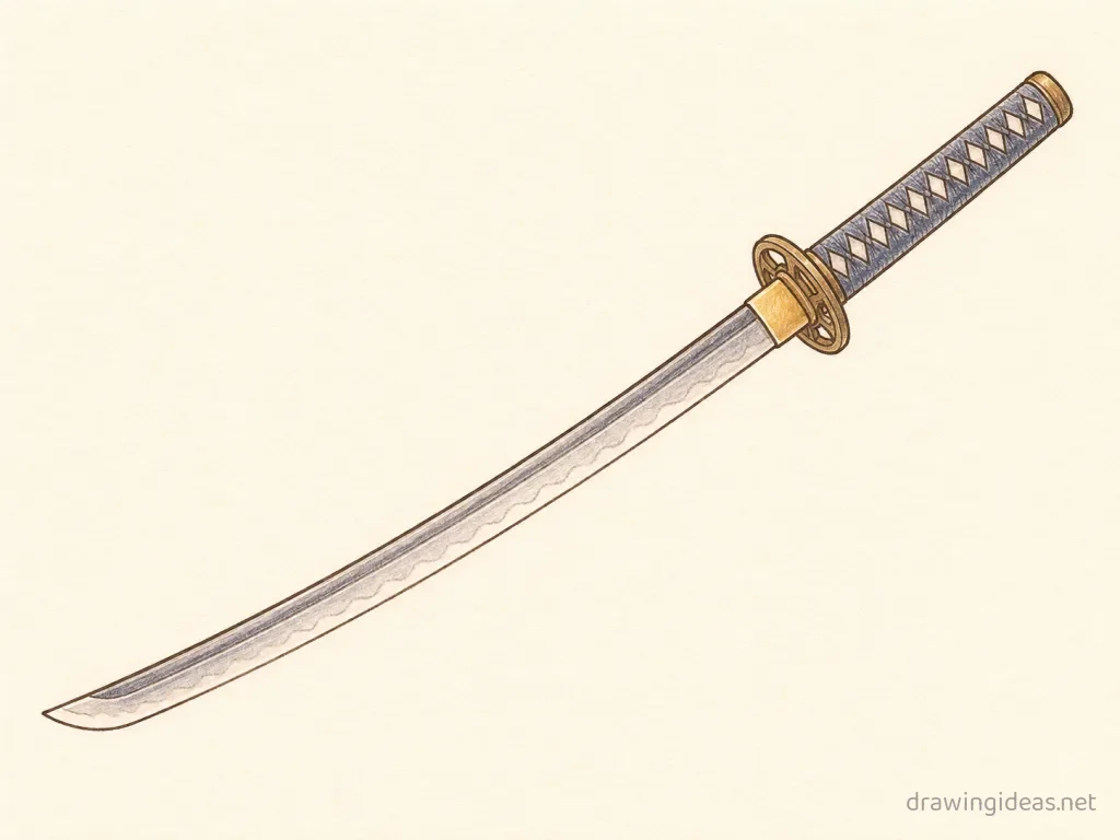 Katana drawing — hand-drawn katana illustration with ink lines and soft colors