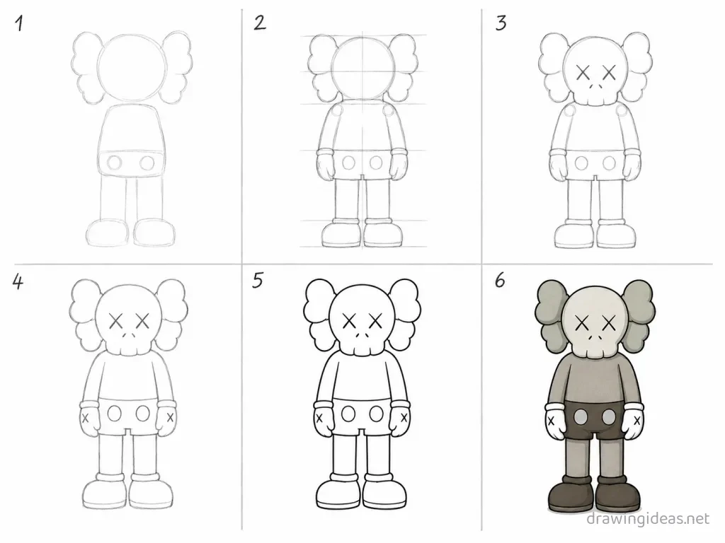 How to draw Kaws step by step — 6-step Kaws drawing tutorial grid