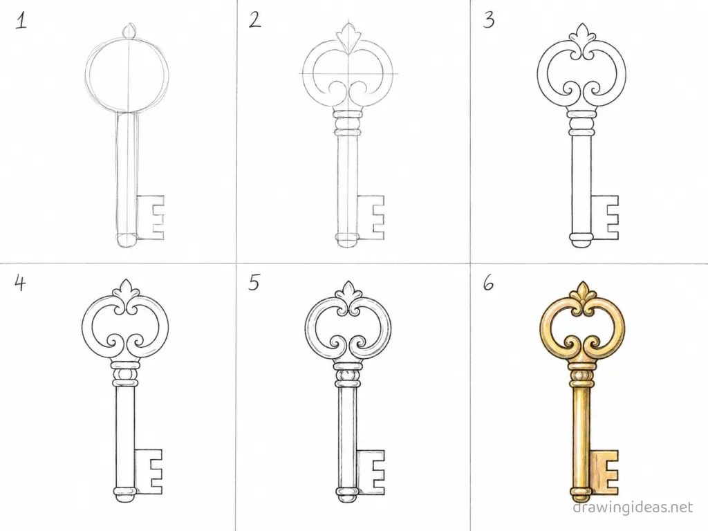 How to draw a key step by step — 6-step key drawing tutorial grid