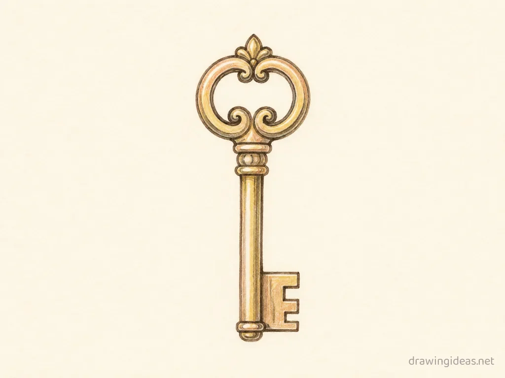 Key drawing — hand-drawn key illustration with ink lines and soft colors