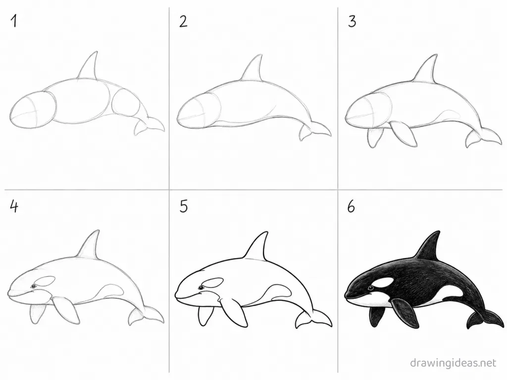 How to draw a killer whale step by step — 6-step killer whale drawing tutorial grid