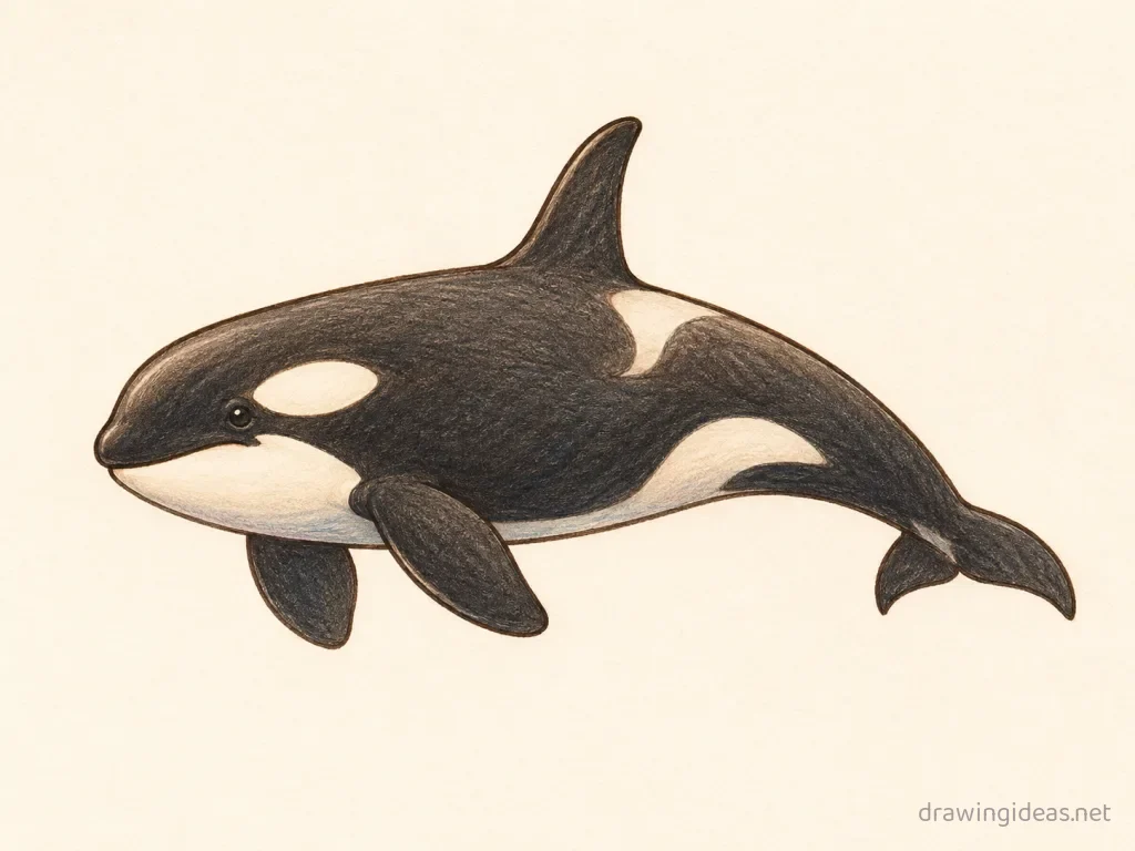Killer Whale drawing — hand-drawn killer whale illustration with ink lines and soft colors