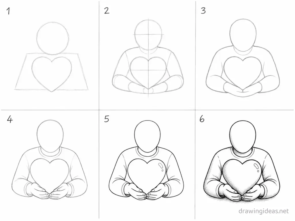 How to draw kindness step by step — 6-step kindness drawing tutorial grid