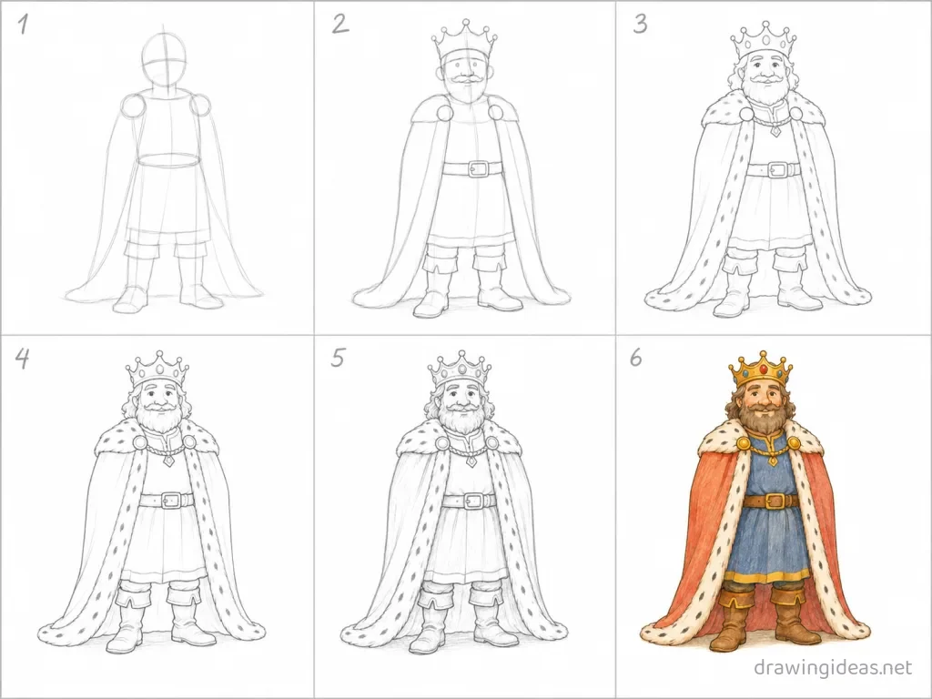 How to draw a king step by step — 6-step king drawing tutorial grid