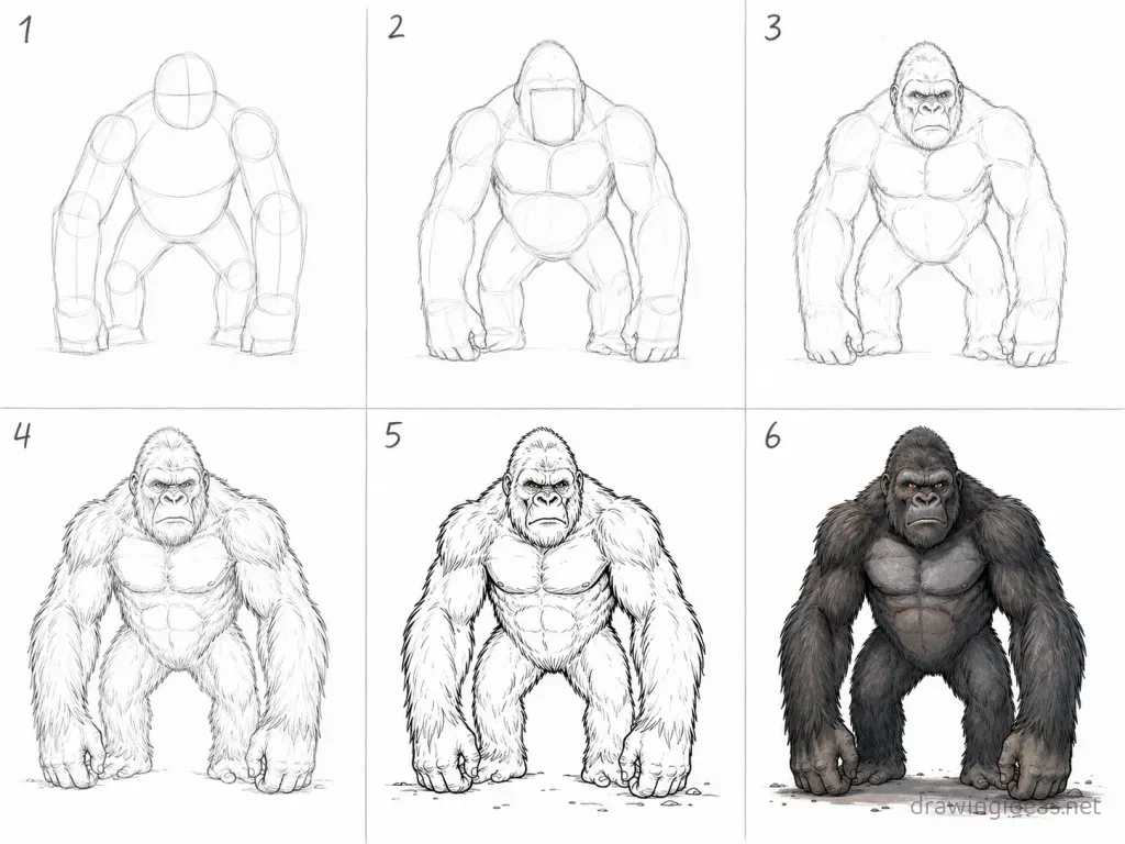 How to draw King Kong step by step — 6-step King Kong drawing tutorial grid
