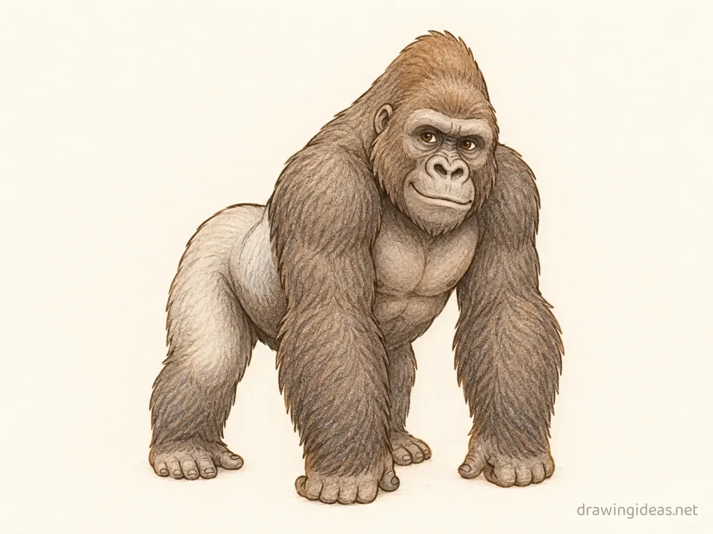 King Kong drawing — hand-drawn King Kong illustration with ink lines and soft colors