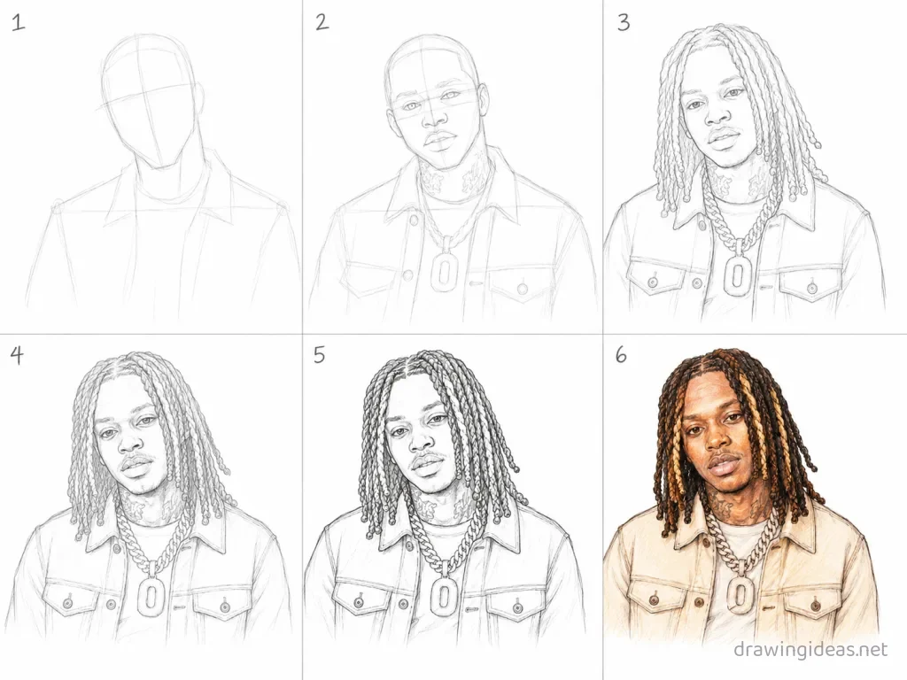 How to draw King Von step by step — 6-step King Von drawing tutorial grid