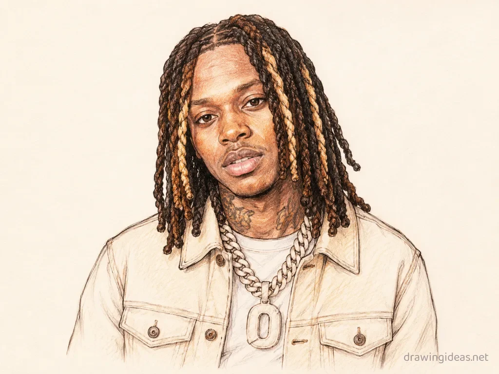 King Von drawing — hand-drawn King Von illustration with ink lines and soft colors