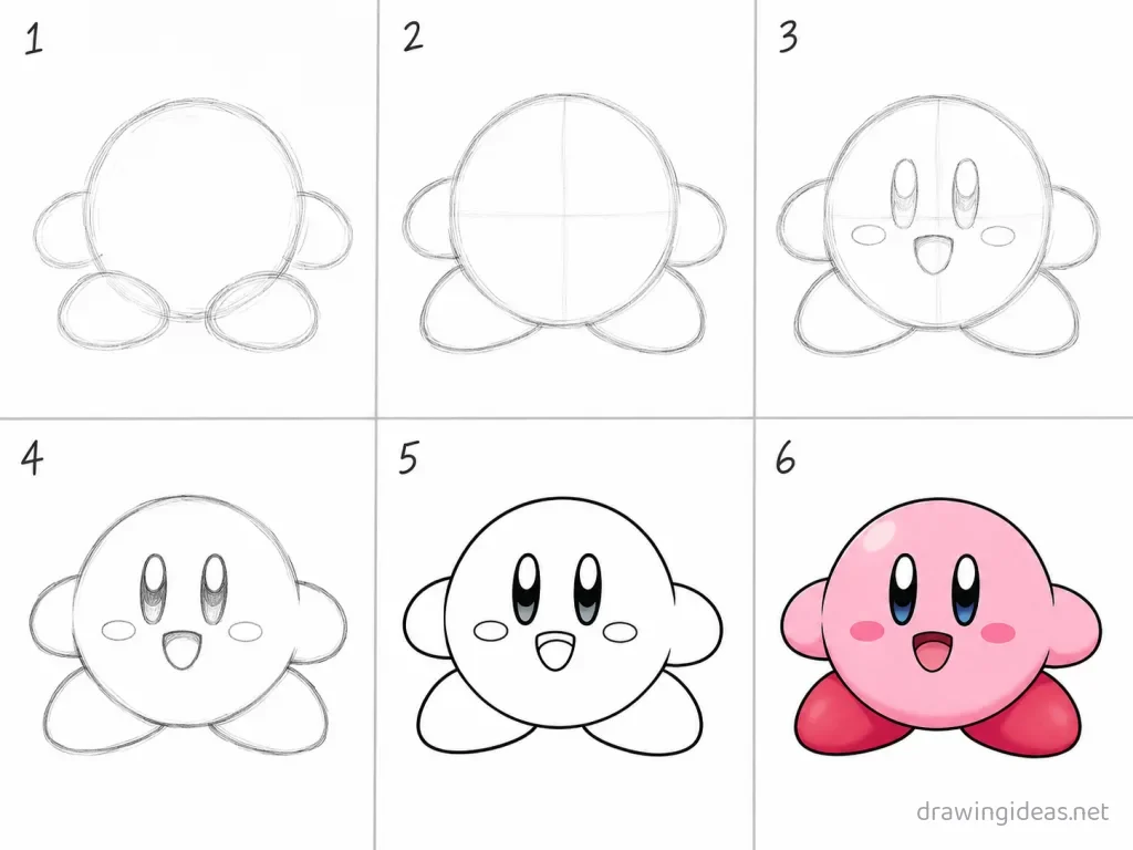 How to draw Kirby step by step — 6-step Kirby drawing tutorial grid