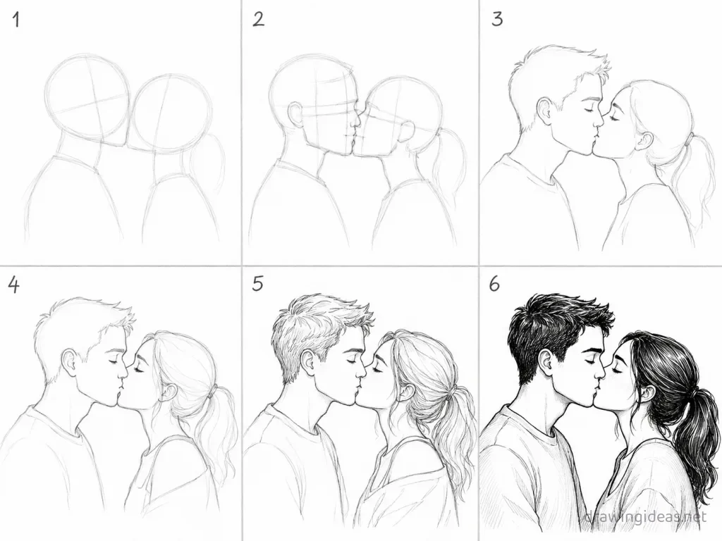 How to draw a kiss step by step — 6-step kiss drawing tutorial grid