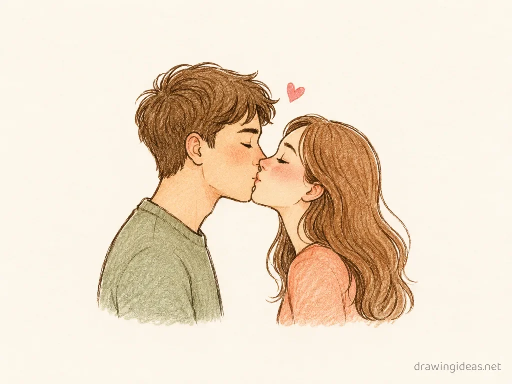 Kiss drawing — hand-drawn kiss illustration with ink lines and soft colors