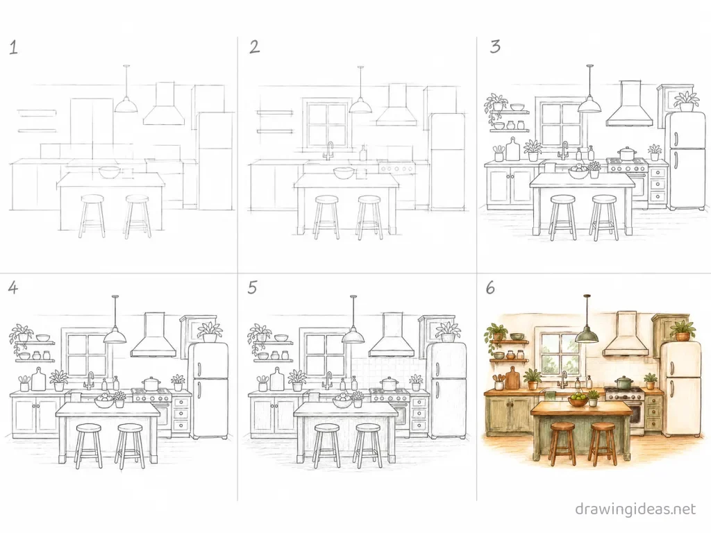 How to draw a kitchen step by step — 6-step kitchen drawing tutorial grid