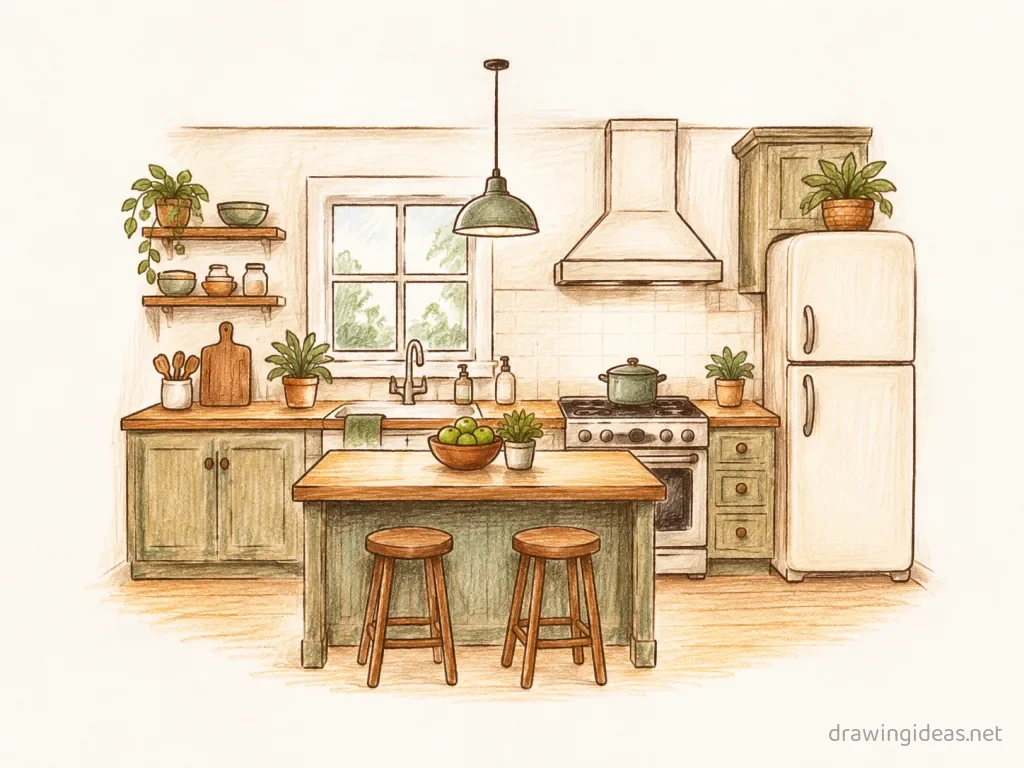 Kitchen drawing — hand-drawn kitchen illustration with ink lines and soft colors