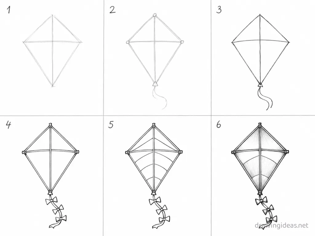 How to draw a kite step by step — 6-step kite drawing tutorial grid