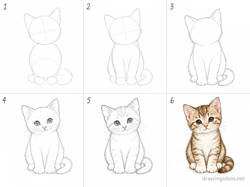 How to draw a kitten step by step — 6-step kitten drawing tutorial grid